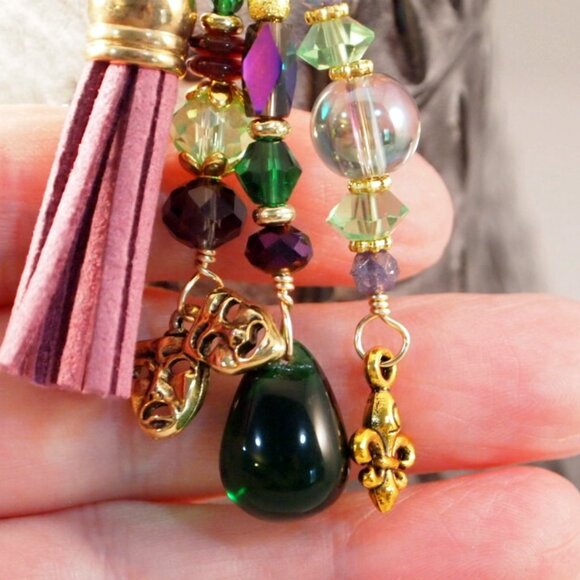 Mardi Gras Beaded Tassel Purse Charm Bohemian Key-chain Hope Fat Tuesday Fob - Picture 5 of 6